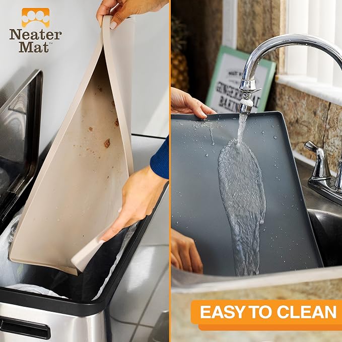 Neater Pet Brands Neater Mat Pet Mats for Food and Water, Cat & Dog Bowl Mat Waterproof Silicone, Feeding Tray, Dog Food Mats for Floors, Placemat w/Raised Edge for Under Bowls, 16” x 10”, Grey