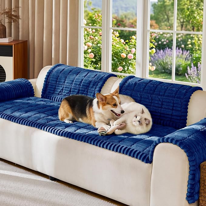 FUANGUI Waterproof Couch Cover Sofa Cover for Dogs and Pets Sofa Protector | Non-Slip Washable Fuzzy Soft Cat Bed Sofa Slipcover for 2-3 Cushion Couch Sofa Pet Friendly, Navy Blue, 27.6" x 94.5", 1 pcs
