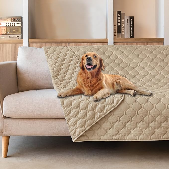 gogobunny 3X Stronger Waterproof Pet Blanket, Scratch Proof Furniture Protector for Dogs Cats, Reversible Cover 82x102 Inch, Dark Beige