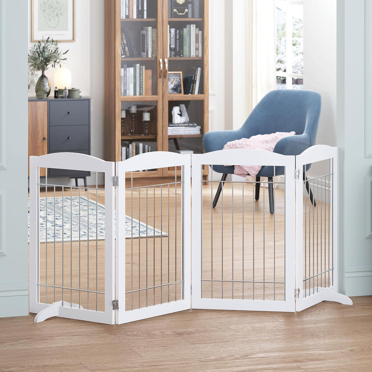 Spirich Free Standing Foldable Wire Pet Gate for Dogs, 80 Inches Extra Wide, 30 Inches Tall 4 Panels Dog Gate for The House, Doorway, Stairs, Pet Puppy Safety Fence, Sliver White