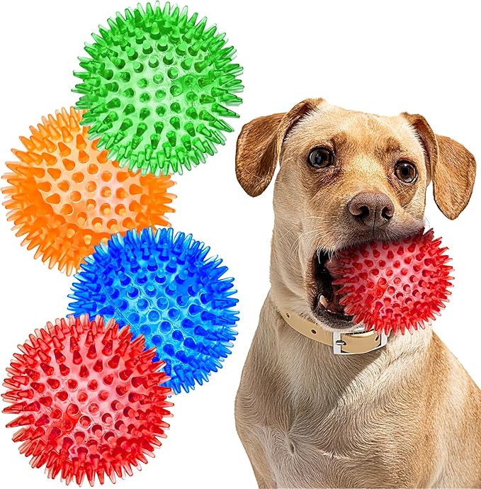 SHARLOVY 3'' Squeaky Balls for Small Dogs, 4 Colors Spiky Dog Balls for Puppy Teething, Durable Puppy Chew Toys for Teething, Indestructible Toys to Fetch and Train, BPA Free Non-Toxic