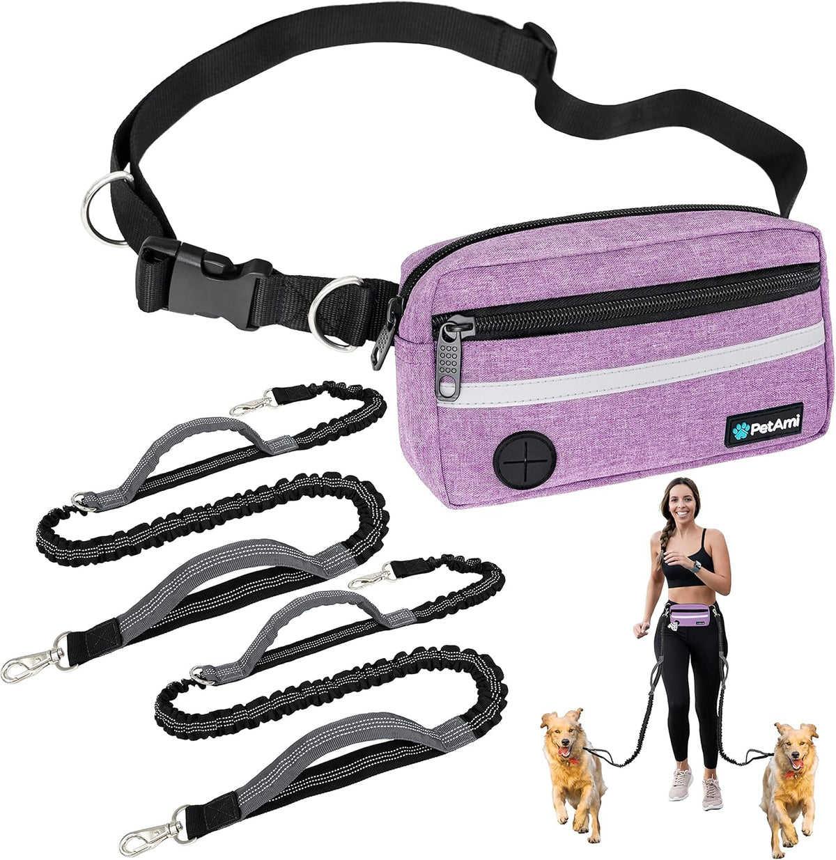 PetAmi Hands Free Dog Leash, Dog Running Leash Belt for Walking Jogging, Dog Waist Zipper Pouch Fanny Pack with Poop Bag Dispenser, Dual Padded Handle Bungee Leash for Small Medium Large Dogs, Double