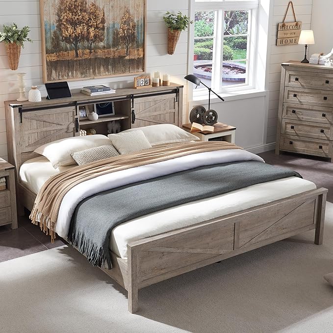RedLemon Farmhouse King Size Bed Frame with Bookcase Headboard & Sliding Barn Door, Storage Shelves, Charging Station, Wood Slats Support, No Box Spring Needed, Light Rustic Oak