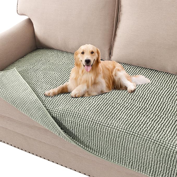 H.VERSAILTEX Plush Chenille Dog Bed Cover Thick Soft Sofa Cover for 3 Cushion Couch Anti Slip Couch Cover Furniture Protector for Dog, Pet, Cat (35" x 82", Sea Foam)