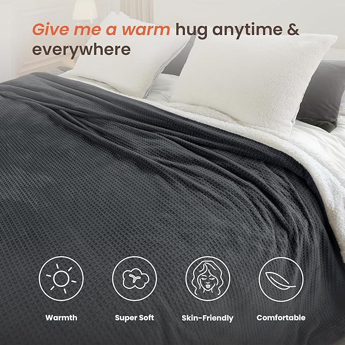 Heated Blanket Electric Blanket King Waffle, 90x100 Inches Dual Controllers