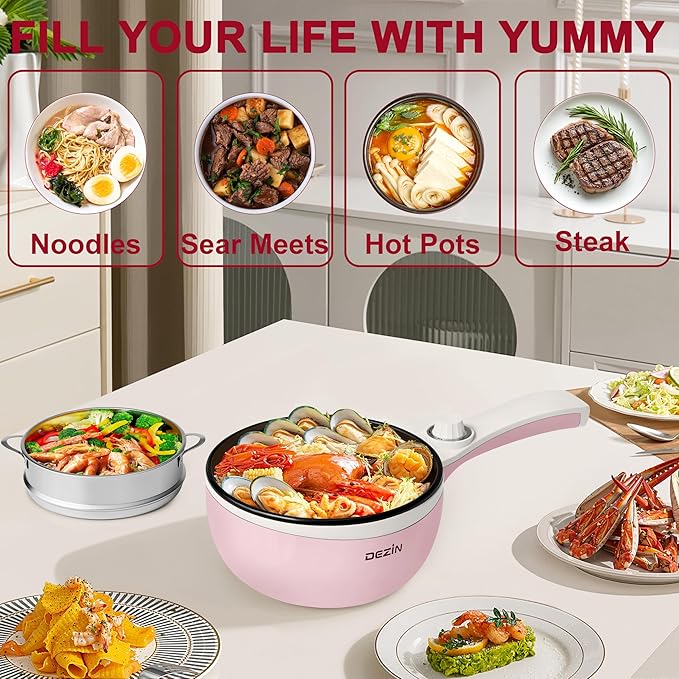 Dezin Hot Pot Electric with Steamer Upgraded, Non-Stick Sauté Pan, Rapid