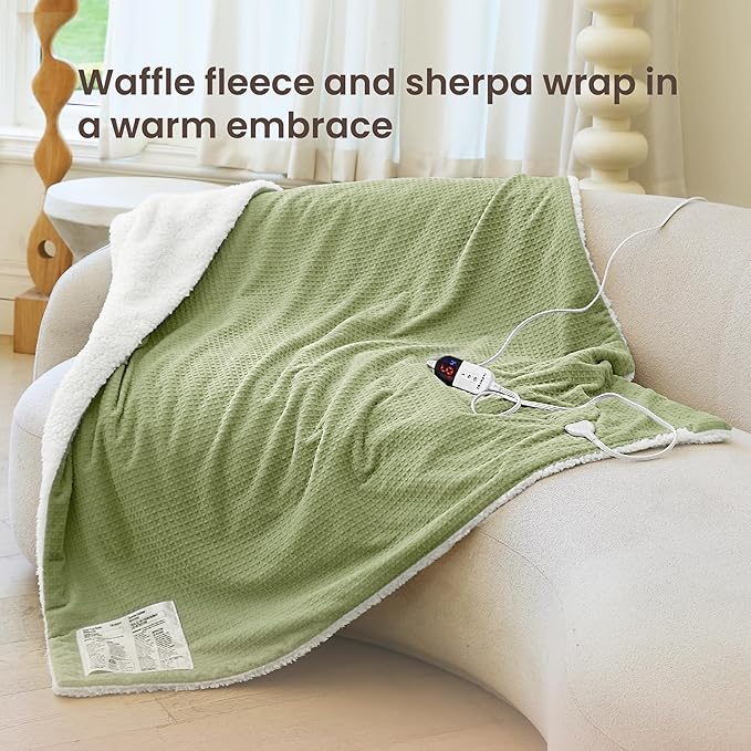 Heated Blanket Electric Throw Waffle, 50x60 Inches Sherpa Fleece Fast Heating