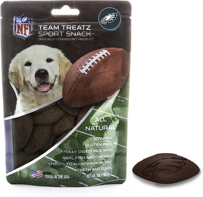 NFL Philadelphia Eagles PET GIFT BOX with 2 Licensed DOG TOYS, 1 Logo-engraved NATURAL DOG TREAT, 1 NFL JERSEY, 1 NFL Puppy Training Bells & 1 Car Seatbelt