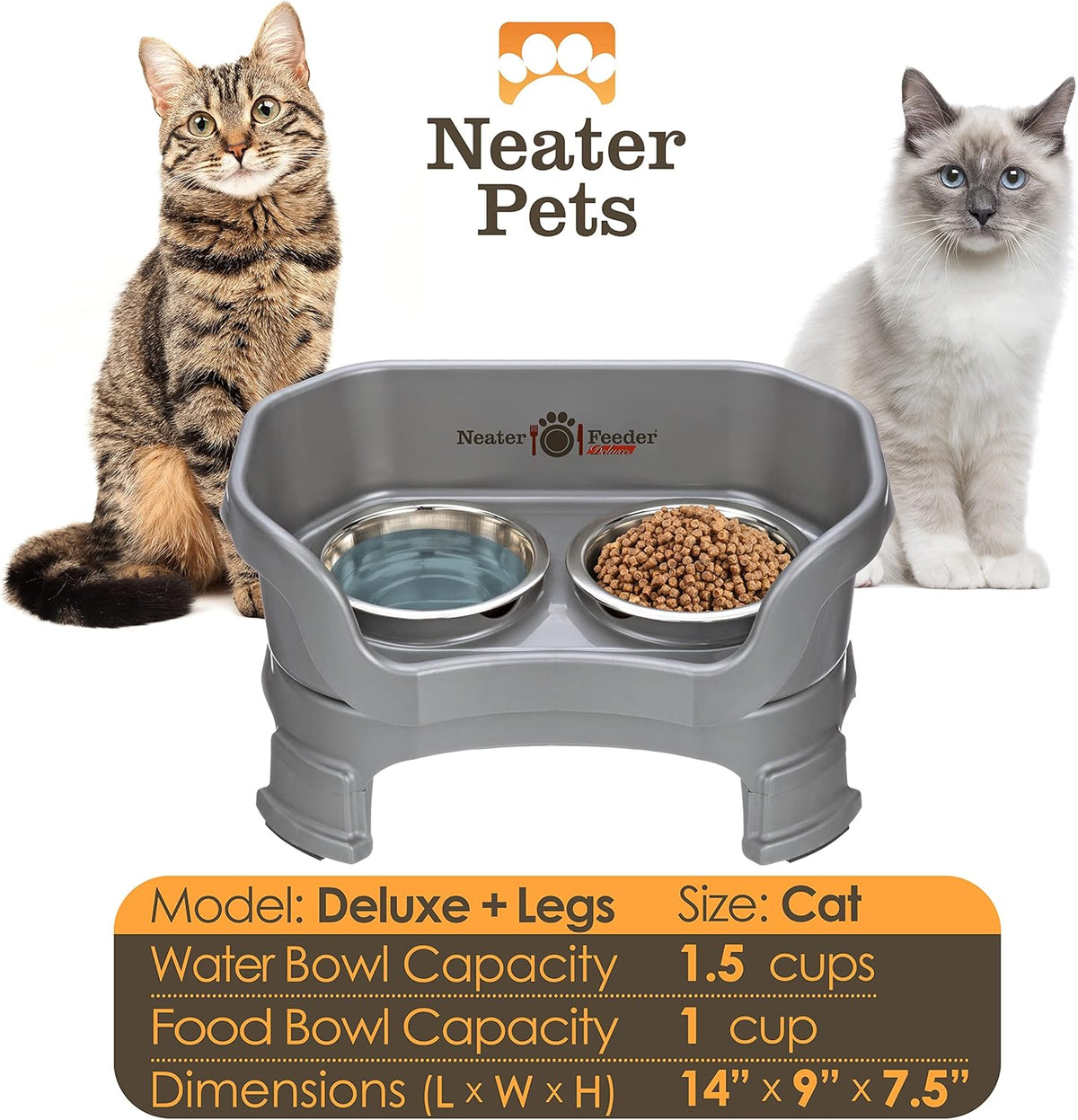 Neater Feeder Deluxe Mess Proof Cat Bowls Elevated for All Breeds – Made in USA – No Spill Raised Cat Bowls for Indoor Cats w/Leg Extensions – Stainless Steel Cat Food and Water Bowl Set - Grey