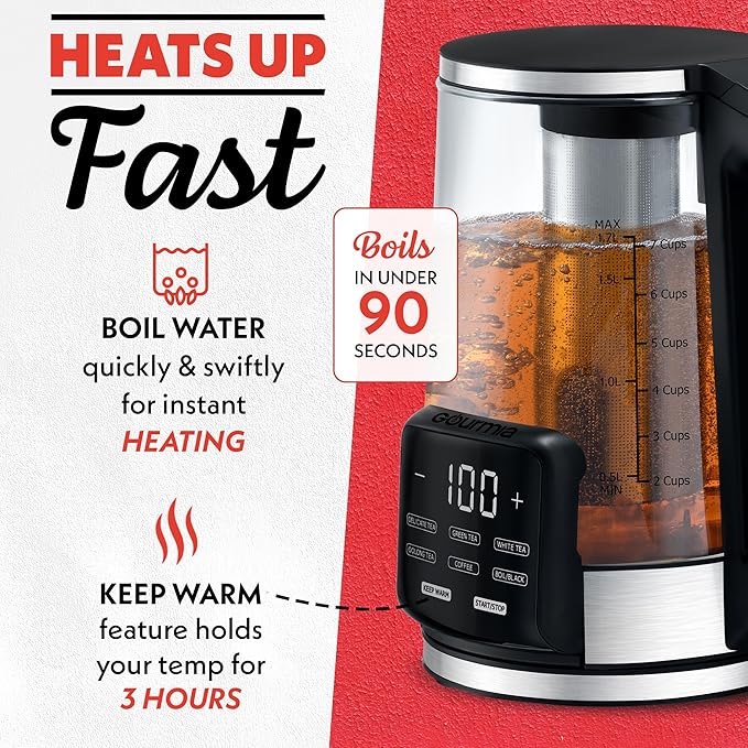 Gourmia Electric Programmable Glass Kettle – 1.7L Temperature Control Tea &