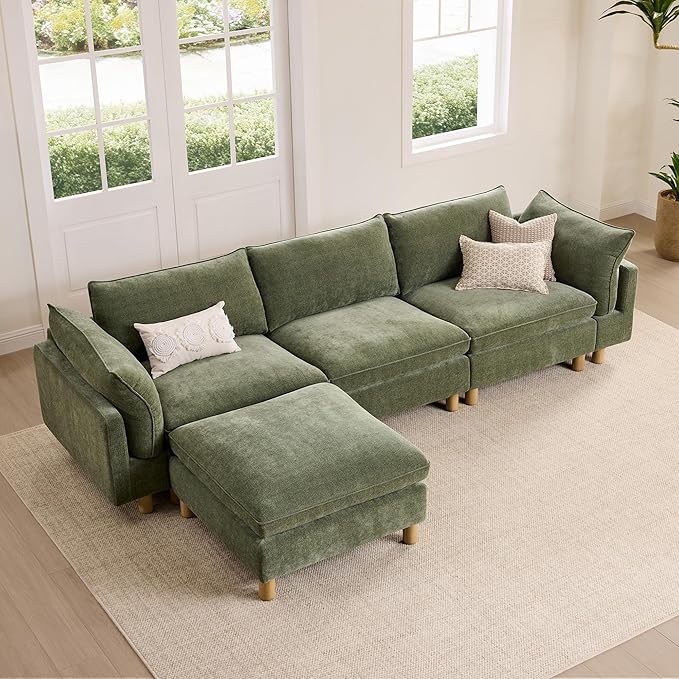 CHITA 127" Super Large Sectional Couches for Living Room, Modular Cloud Couch Sectional Sofa, Premium Fabric Couches, Down Filled, High Density Foam, Chenille in Green, 4 Seat L Shaped