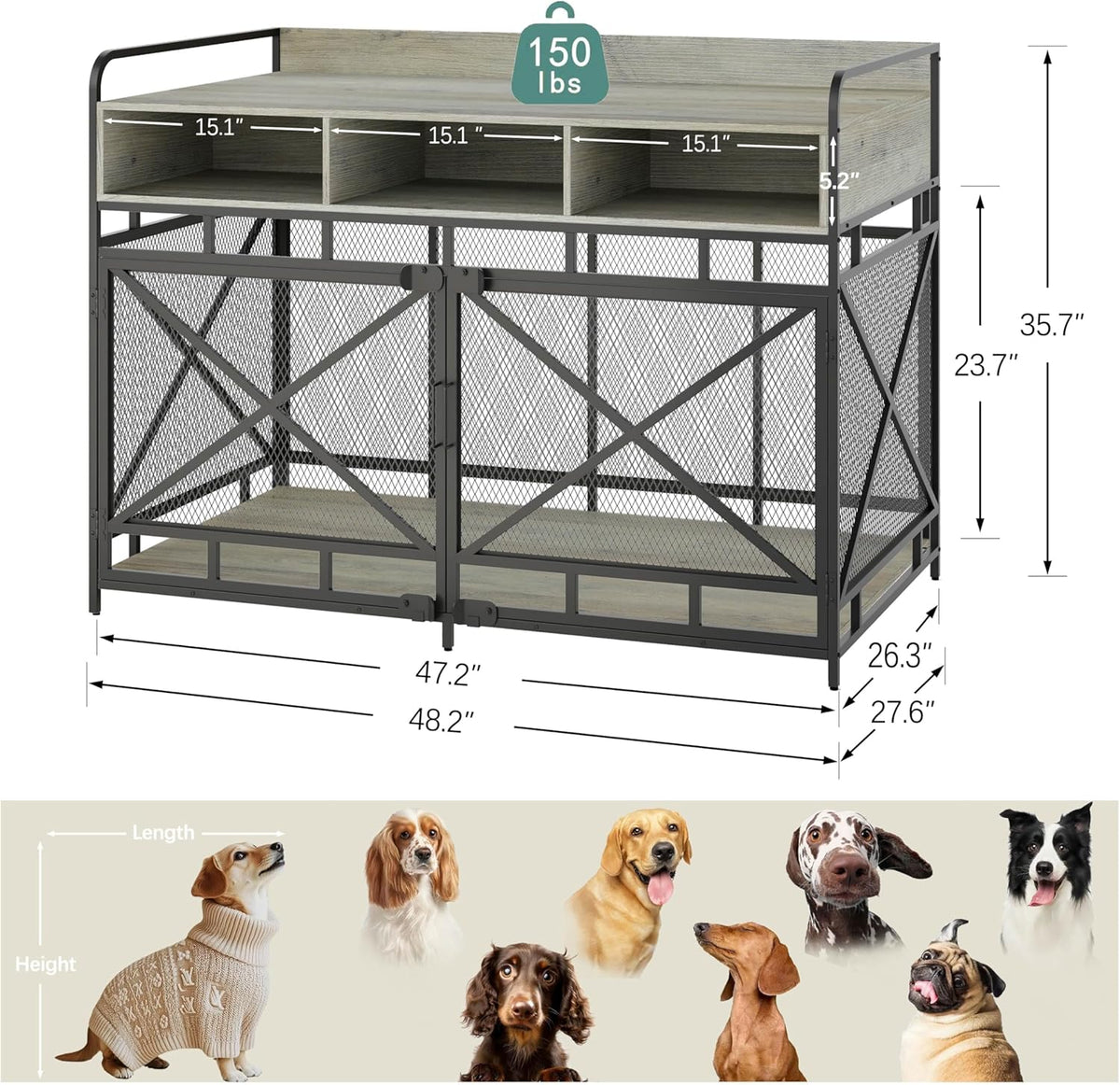 Dog Crate Furniture, 48" Heavy Duty Wooden Dog Crate End Table, XL Dog Kennel Furniture Large Breed, Decorative Dog Kennel Indoor with 3 Drawers & Steel Tubes 48" L x28 W x36 H (Grey)