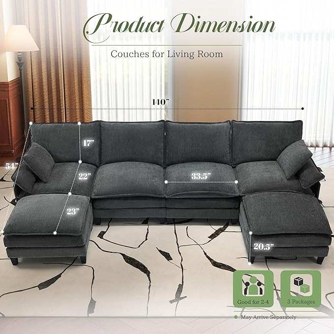 Modular Sectional Sofa, Comfy Cloud Couch with Movable Ottoman, Deep Seat Couches for Living Room, Bedroom and Apartment, 140" U Shaped Modern Sofa with Pillows, Grey