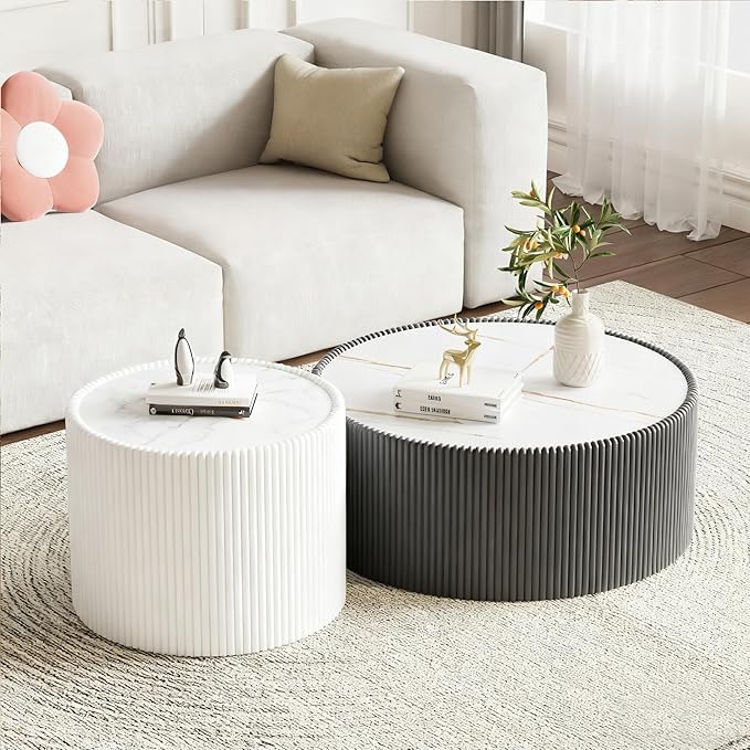Round Coffee Table Set with Sintered Stone Tabletop, 29.52" Grey Drum Center Table and 17.71" White Coffee Table Set, 2 Pieces Living Room Table Set with Fluted PU Leather Cover& Stable Base