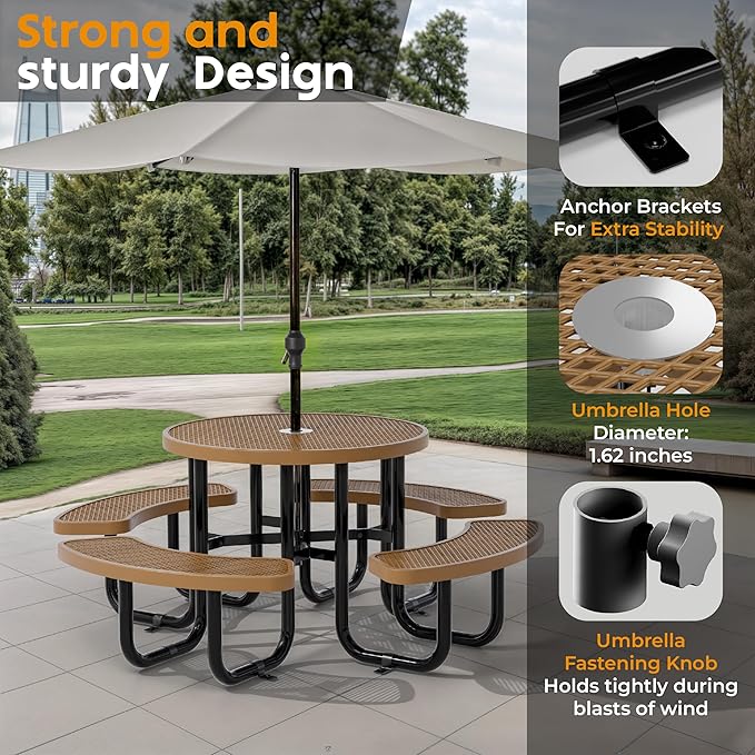Metal Picnic Tables for Outdoors with Umbrella Hole - Coated Steel Heavy Duty Commercial Grade Furniture Set with Adjustable Seats (Brown, 38 in, Round, Expanded Steel)