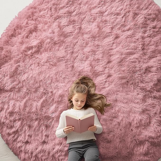 OLANLY Pale Pink Round Rugs for Bedroom - Machine Washable, 9 ft Circle Area Rugs for Living Room, Soft and Fluffy Shaggy Carpet for Teen Girls and Boys, Nursery Rooms, Dorms, Home Decor Aesthetic