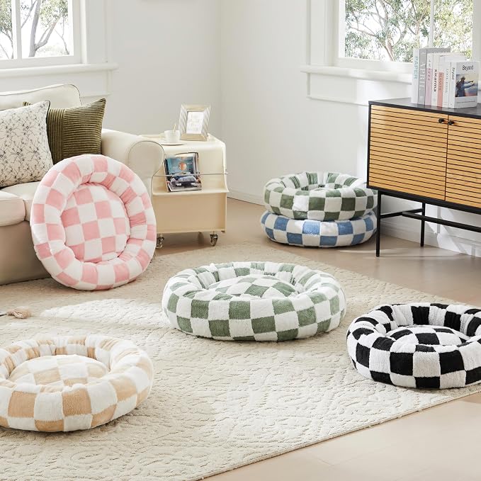 Ohocut Checkered Cat Dog Bed, Cute Girly Pink Retro Style Aesthetic Round Warming Pet Calming Beds for Small Dog and Cats, Plush Cozy Donut Beds Washable, 23" L x 23" W x 8" Th