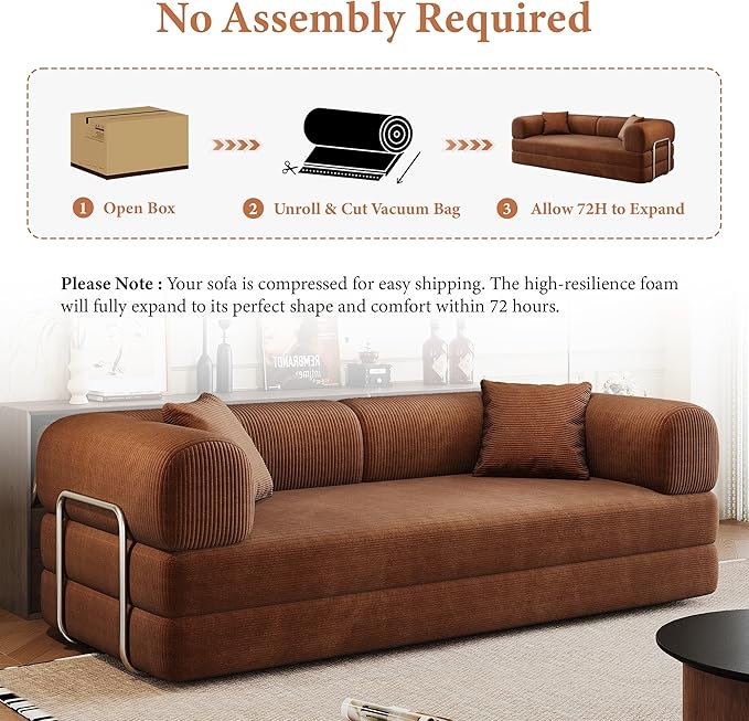 Boneless Couch Sectional Sofa,Convertible Sofa Bed with Sleeper Sofa,Futon Floor Couch Folding Sofas for Living Room,Bedroom,Apartment (Orange, 78.8''W)