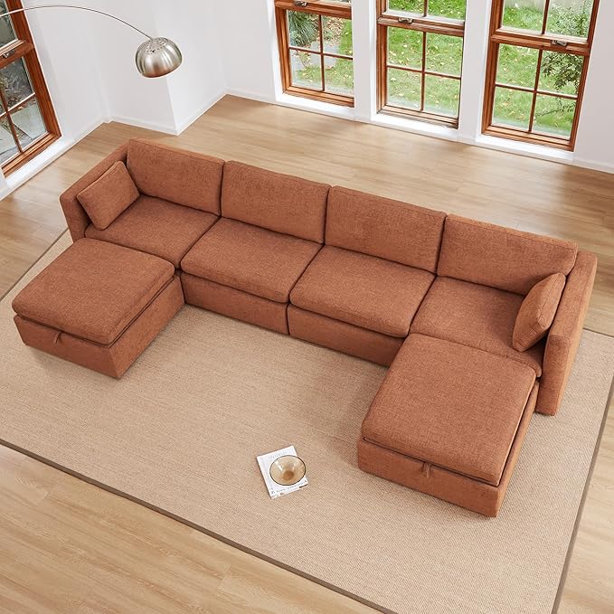 CHITA Terracotta 6-Seat U-Shaped Modular Sofa Set, Extra Large Sectional Couch with Reversible Chaise, 146 inch Width, Sofa with Storage Ottomans