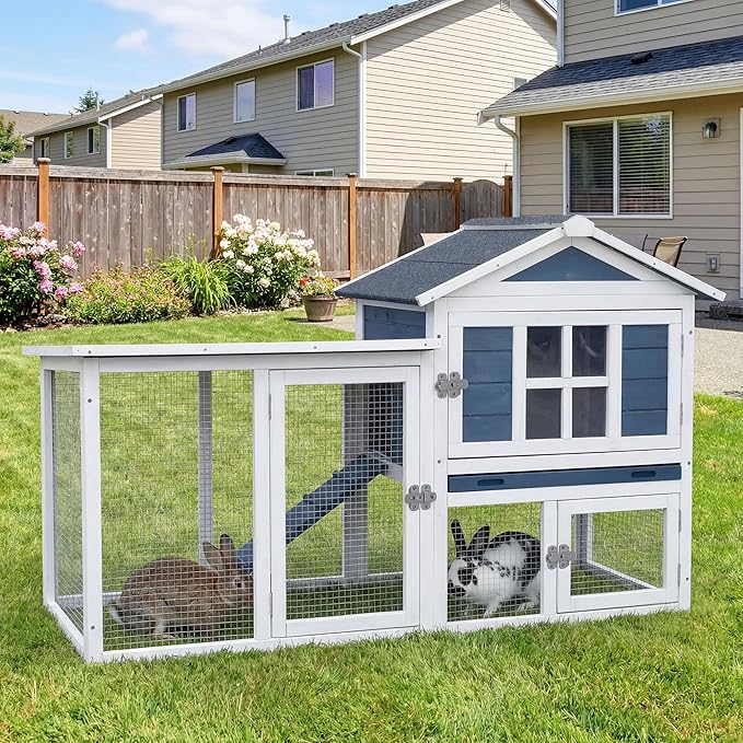 Large Outdoor Rabbit Hutch with Waterproof Asphalt Roof, 54.7” x 24.2” x 34” Wooden Bunny Cage for 2 Rabbits, Guinea Pigs & Chickens, Easy-Clean Pull-Out Tray & Anti-Rust Metal Door