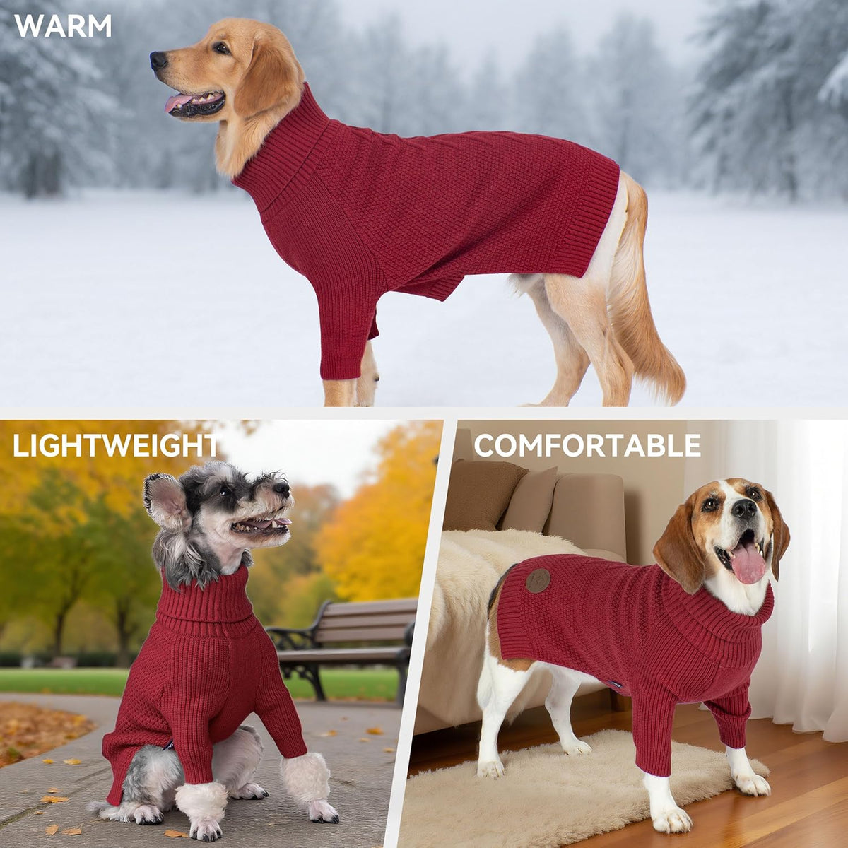 cyeollo Dog Sweater Warm Turtleneck Knitted Dog Christmas Sweaters with Sleeve Soft Winter Pet Clothes Sweaters for Dogs Girl