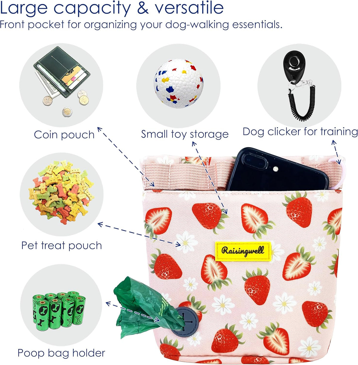 Dog Treat Pouch for Pet Walking and Training with Clicker 2 Cup Silicone Bag Small Fanny Pack Holder for Puppy Snack Dispenser Kit for Leash and Outdoor Use (Strawberry)