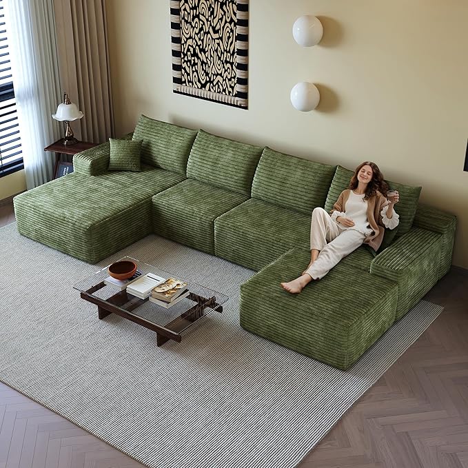 108" Sectional Couches for Living Room Modern Modular Sofa with L-Shape Couchs Upholstered Boneless Couch Deep Seat Sectional Couch with Chaise (Green, Left Facing Chaise+3Seaters+Ottoman)