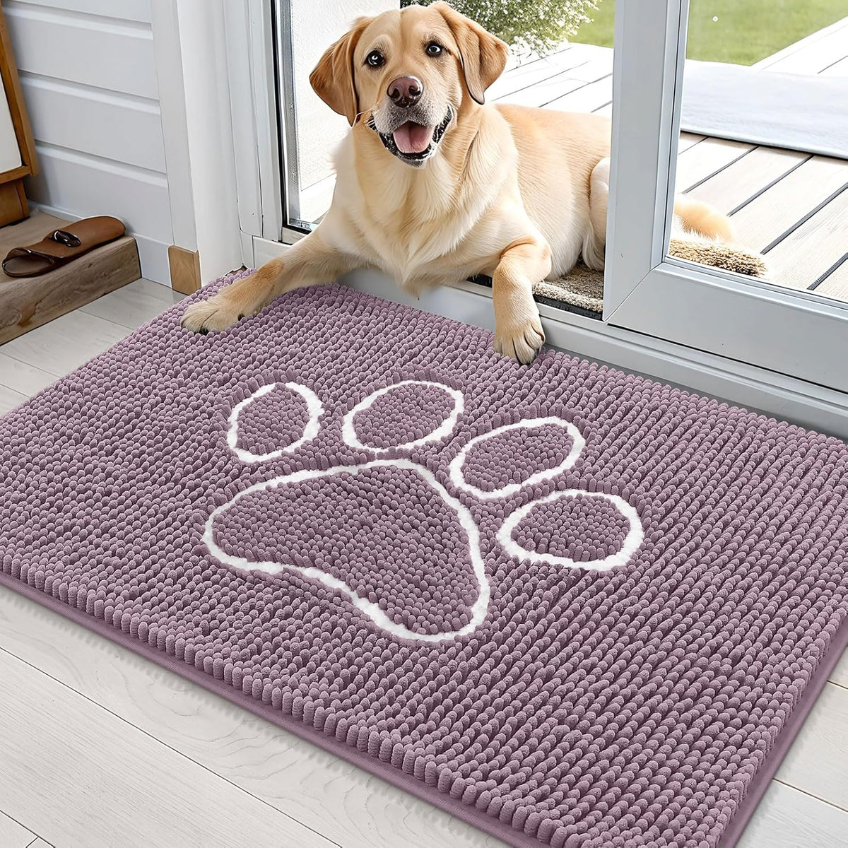 OLANLY Door Mat for Muddy Dog Paws 36x24, Absorbent Chenille Mud Doormat with Paw Print Design, Non-Slip Washable Doormat for Indoor Entryway, Quick-Dry Pet Bed Mats for Dirty Dogs, Deep Plum