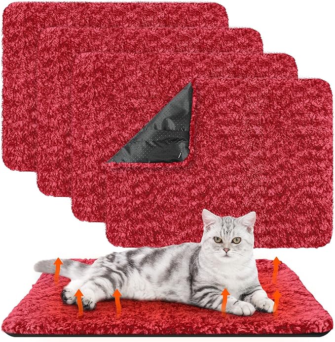 4 Pack Self Warming Cat Pads Self Heating Cat Mat Washable Homeless Dogs Thermal Pads Kennel Pad Reflects Body Heat Warm Crate Bed Mat for Indoor Outdoor Pet(Red,16 x 20 Inch)