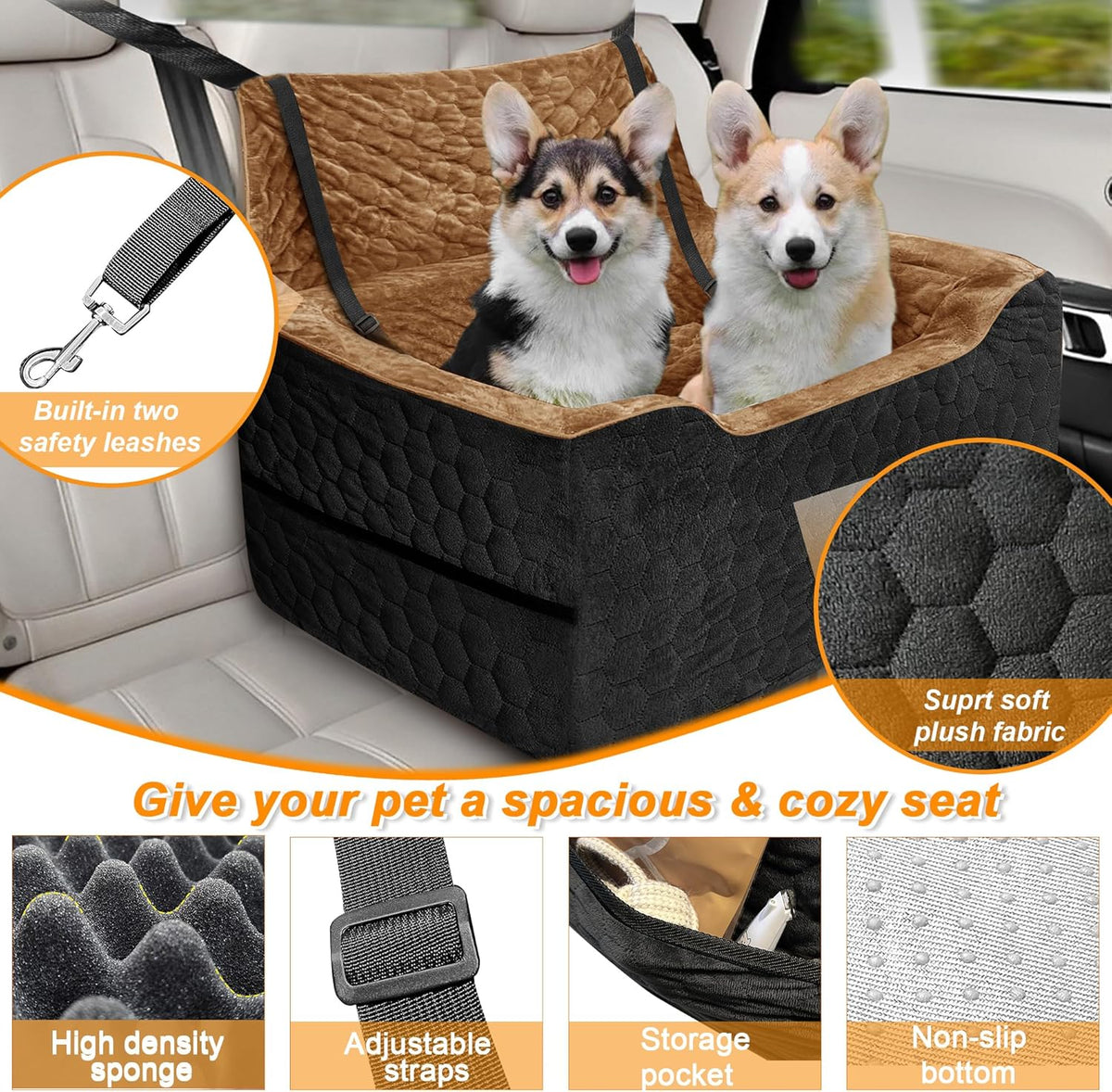 Dog Car Seat for Small/Medium Dogs, Memory Foam Dog Booster Seat, Travel Safety Per Car Seat with Washable Removable Cover, Storage Pockets for Dogs up to 35 lbs(BlackBrown)