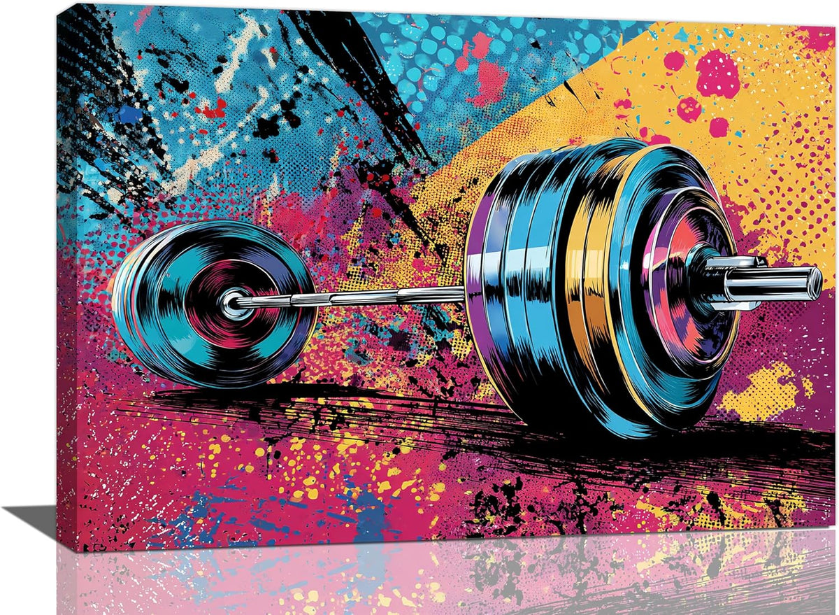 Gym Wall Art Weightlifting Fitness Canvas Wall Decor Barbell Sports Training Pictures Painting Banksy Street Graffiti Print Artwork Framed Decorations Gifts for Sports Lovers Gym Living Room Bedroom 16"x24"