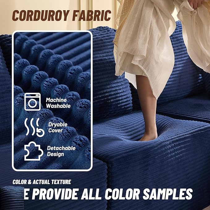 138" Boneless Couch with Deep Seat, Modular Sectional Sofa, Cloud Sectional Couch for Living Room, No Assembly Required, Corduroy, 4 Seater L-Shape Right, Blue
