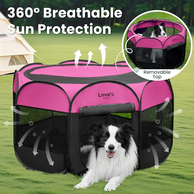 Love's cabin Pet Puppy Dog Playpen, Large Dog Tent Crates Cage Indoor/Outdoor, Portable Playpen for Cat, Foldable Pop Up Dog Kennel Playpen with Carring Case, Removable Zipper Top, Pink