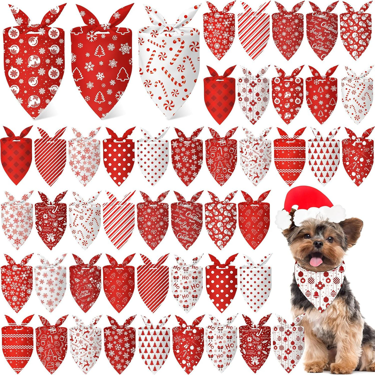 Abbylike 50 Pcs Christmas Dog Bandanas Bulk Xmas Red and White Bandanas for Dogs Triangle Kerchief Bibs Scarf Set for Pet Christmas Costume Photo Props Accessories Pet Shops (19.7 x 13.8 x 13.8)