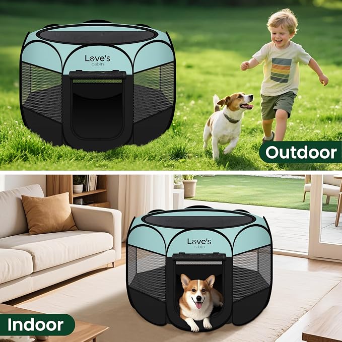 Love's cabin Pet Puppy Dog Playpen, Small Dog Tent Crates Cage Indoor/Outdoor, Portable Playpen for Cat, Foldable Pop Up Dog Kennel Playpen with Carring Case, Removable Zipper Top, Green