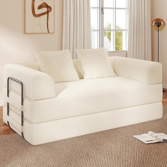 Cloud Boneless Convertible Floor Sofa Bed, 70" 4-in-1 Foldable Compressed Loveseat Lounge Sleeper 2 Seater Couches, High-Density Sponge & Corduroy Fabric Futon Daybed for Living Room Bedroom(Beige)
