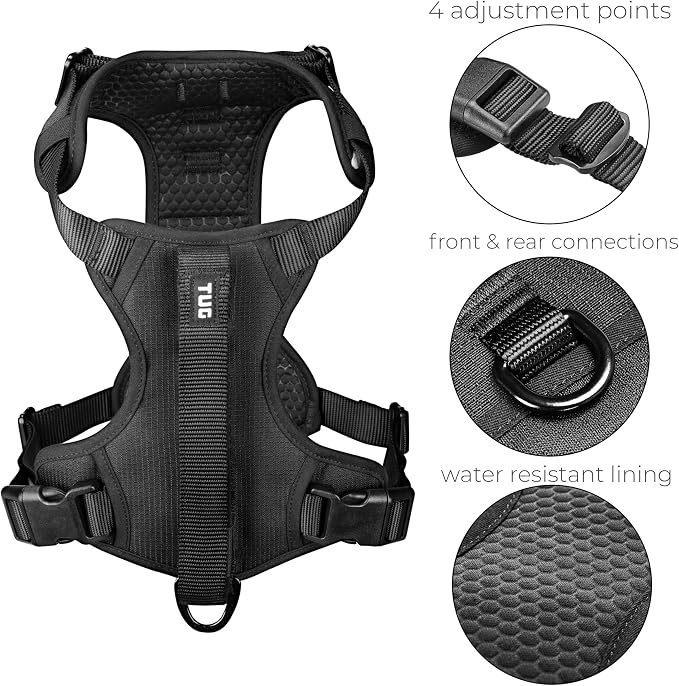 TUG Grab Dog Harness with Built-in Magnetic Traffic Leash (Small/Black) | Padded Magnetic Traffic Handle | Dual Leash Clips | 4-Point Adjustable Fit | Durable Nylon