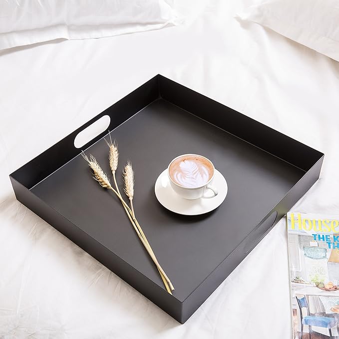 MyGift 16 Inch Square Serving Tray, Modern Matte Black Metal Breakfast and Decorative Ottoman Tray with Oval Cutout Handles
