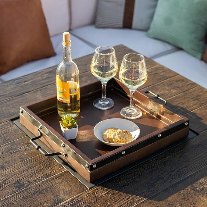 16"x16" Large Square Ottoman Tray, Heavy Duty Mango Wood, for Serving Tea, Breakfast in Bed, Living Room Large Coffee Table Tray Rustic with Farmhouse Style, Decorative Handles and Accent Strap
