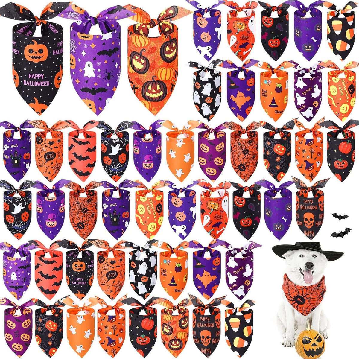 Abbylike 50 Pcs Halloween Dog Bandanas Bulk Pumpkin Bandanas for Dogs Triangle Kerchief Bibs Scarf Set for Pet Halloween Costume Photo Props Accessories Pet Shops, 25 Styles (25.6 x 17.7 x 17.7")