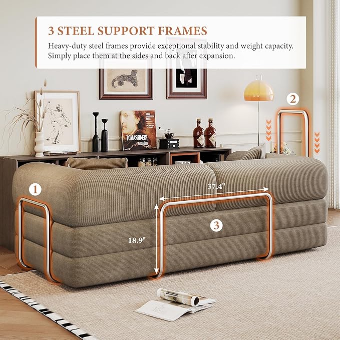 Boneless Couch Sectional Sofa,Convertible Sofa Bed with Sleeper Sofa,Futon Floor Couch Folding Sofas for Living Room,Bedroom,Apartment (Camel, 78.8''W)