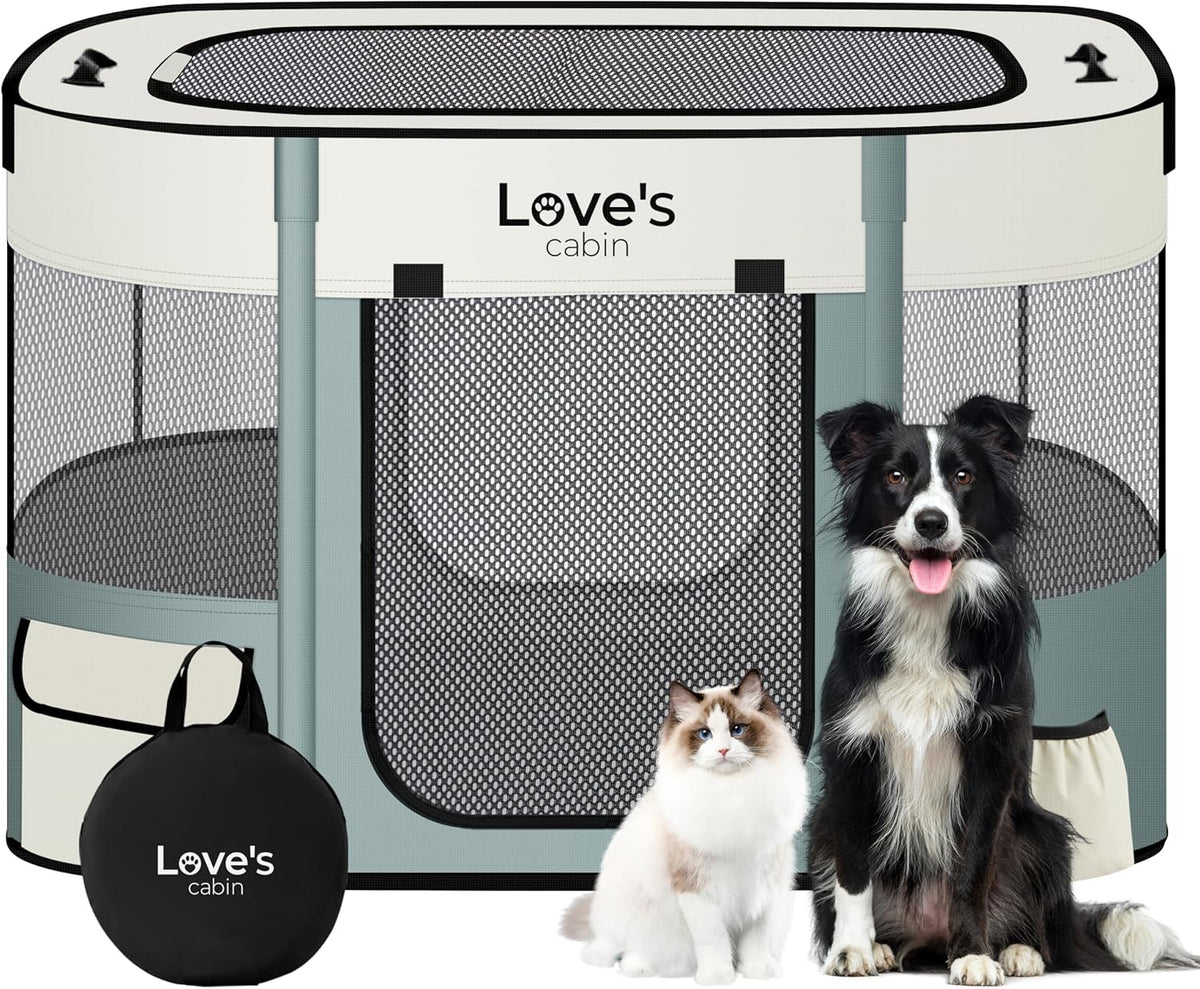 Love's cabin Pet Puppy Dog Playpen, Small Dog Tent Crates Cage Indoor/Outdoor, Portable Exercise Playpen for Cat, Foldable Pop Up Dog Kennel Playpen with Carring Case (S, Gray Green)