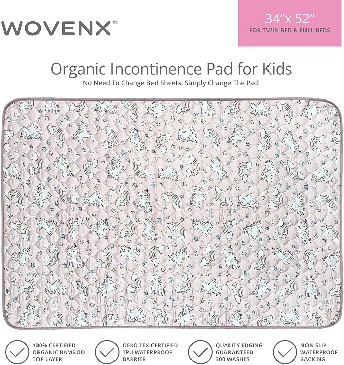 Organic Incontinence Pads for Kids & Toddlers - 5 Layer Waterproof Protectors for Overnight Bed Wetting - Reusable & Washable Pee Pads - Fits Twin to Full Size Beds - 34" x 52" Unicorn