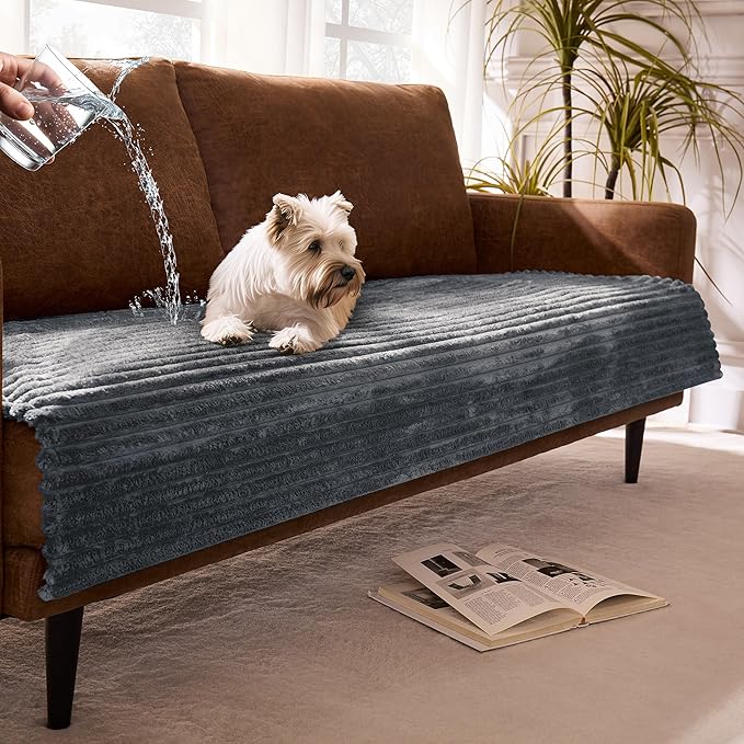Dual Non-Slip Couch Cover for Dogs Waterproof, Fuzzy Soft Pet Couch Covers for Sofa 3 Cushion, Pet Friendly Soft Dog Bed Covers Sofa Cover Washable (Titanium Gray, 33" x 85" 1 Pack)