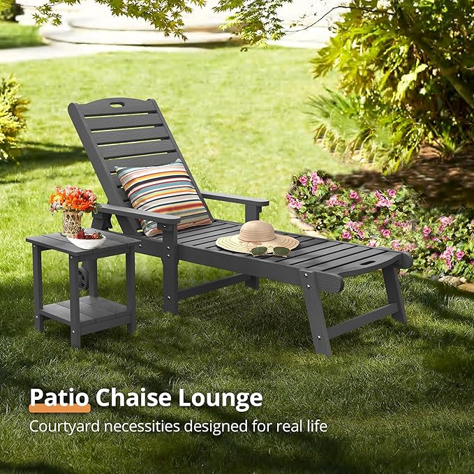 LUE BONA Chaise Lounge Chair with Table, 2-Piece, HDPS Chaise Lounger, 5 Positions Adjustable Lounge Chairs, Pool Lounge Chair with Wheels for Poolside, Backyard, Dark Gray