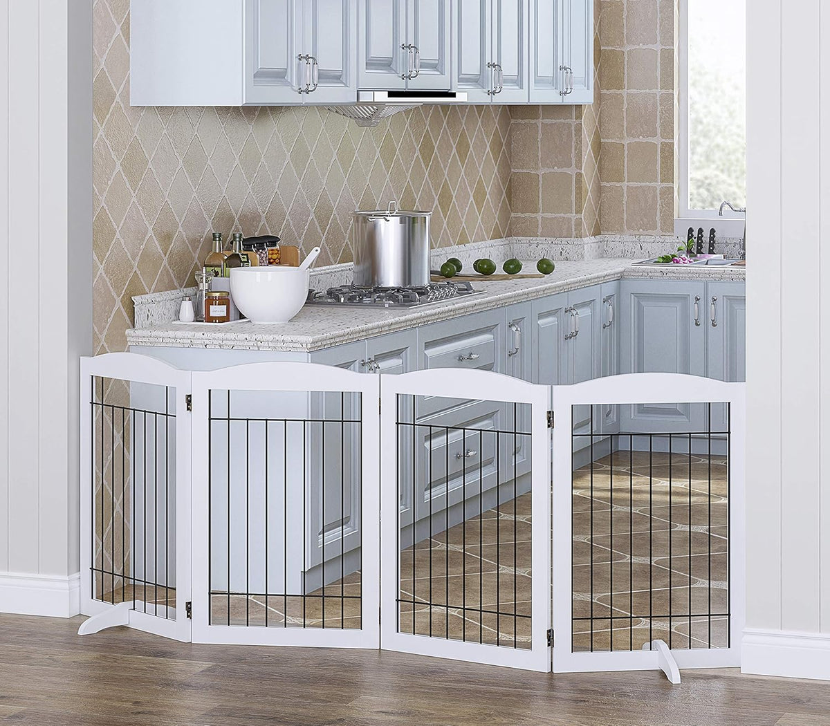 Spirich Free Standing Foldable Wire Pet Gate for Dogs, 80 inches Extra Wide, 30 inches Tall 4 Panels Dog Gate for the House, Doorway, Stairs, Pet Puppy Safety Fence,Set of Support Feet Included, White