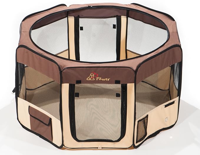 Pawer 36”×18.5” 8-Panel Foldable Pet Playpen, for Small Medium Cat/Dog/Puppy, Brown+Beige, 600D Oxford Cloth Portable Indoor & Outdoor Kennel with Carry Bag, Multiple Sizes & Colors Available