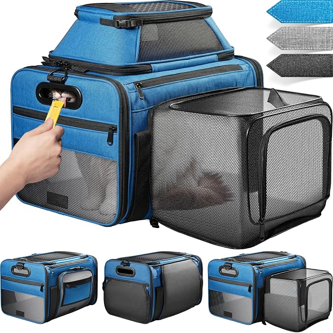 Top-Side Expandable Pet Carrier, Treat Window,17x11x9.5 Airline Approved | for Alaska Hawaiian, Soft-Sided Cat Carrier, Anti-Scratch Mesh, Lockable Zippers,Dog Carrier for Kitten,Rabbit,Puppy, Blue