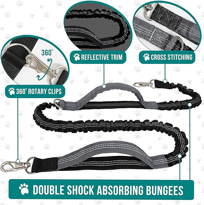 PetAmi Hands Free Dog Leash, Dog Running Leash Belt Bag for Walking, Jogging, Dog Waist Double Zipper Pouch with Poop Bag Dispenser, Dual Padded Handles Reflective Bungee Leash, Double (Charcoal Grey)