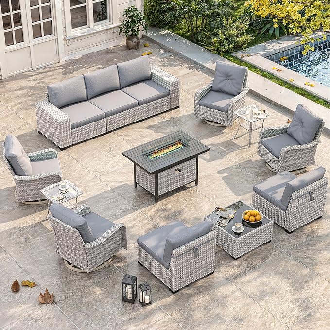 13 Piece Outdoor Wicker Rattan Sectional Sofa Set with Swivel Chairs & Fire Pit Table, 9-Seats with 4" Thickened Cushions & Coffee Table, All-Weather PE Rattan for Garden, Backyard, Porch, Grey
